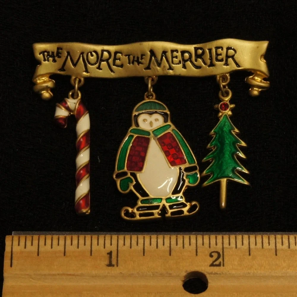 Vintage Christmas Brooch Penguin Dangle Pin The More The Merrier Candy Cane Tree